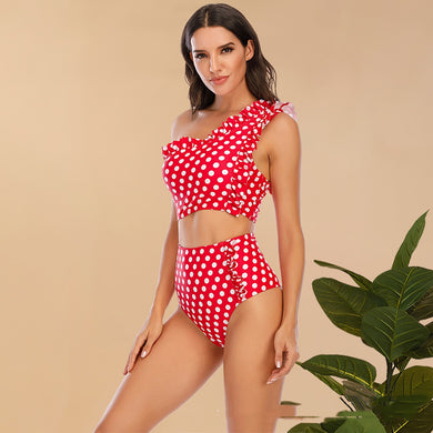 Flounced One-shoulder Bikini High Waist Swimming Trunks Swimsuit Set