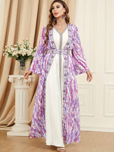 Charger l&#39;image dans la galerie, Elegant Two-piece Abbaya Set, All over Print Open Front Coverup &amp; Embroidered V-neck Maxi