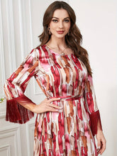 Load image into Gallery viewer, Abbaya Print Tassel with Tie Waist Long Sleeve for Spring &amp; Fall
