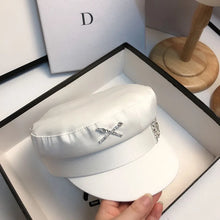 Laden Sie das Bild in den Galerie-Viewer, White Hats For Women Four Seasons Rhinestone Alphabet Military Hat Fashion Causal Travel Satin Flat Top Cap Black Sailor Hat