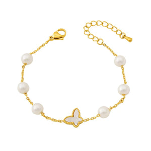 Stainless Steel White Shell Butterfly Tassel Pearl Pendant Choker Necklace Bracelet Set