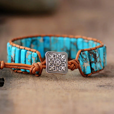 Bohemian blue Bracelet Tube Shape Natural Stone Single Leather Rope Wrap