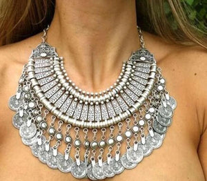 Vintage Silver Coin Choker Necklace Earrings Gypsy Ethnic Tribal Turkish Afghan India Pakistan Collar Statement Jewelry Sets