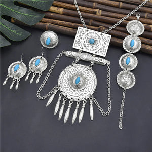 Bohemian Tibetan Silver Color Metal Necklace Bracelet Earring Sets