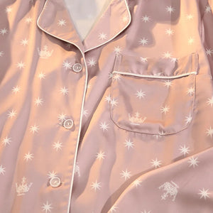 Two-piece Suit Pajamas Ice Silk Satin Thin Print Lace Pyjamas