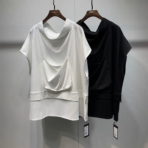 Samo Zaen's Short Sleeve T-Shirt Casual Large Pocket Design Loose Stand Collar Sleeveless