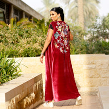 Charger l&#39;image dans la galerie, Luxury Red Long Hand made Embroided French Velvet Dress with belt by Designer Shereen