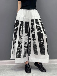 High Elastic Waist Black Printed Pleated Long Wide Leg Pants