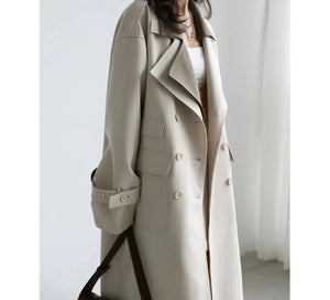 Women Trench Coat Solid Loose Contrast Double Collar Double Breasted Long Women's Coat