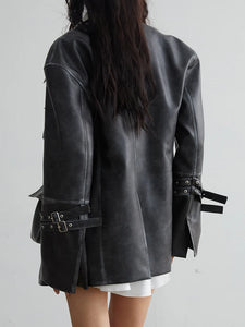 Loose Fit Black Pocket Coat PU Leather Jacket Long Sleeve