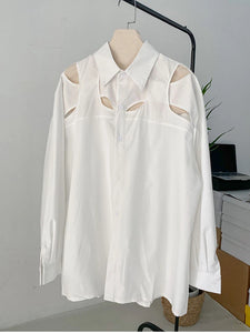 White Hollow Out Blouse New Lapel Long Sleeve Loose Fit Shirt