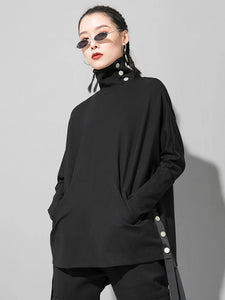 Black Irregular Ribbon Big Size Casual T-shirt New Turtleneck Long Sleeve