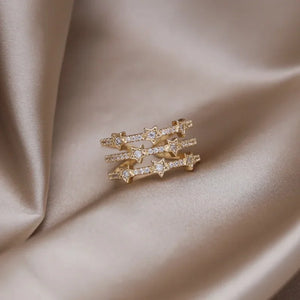 Europe hot fashion jewelry  gold plated luxury zircon multi-layer pentagram open ring elegant women's daily work accessories