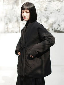 V-collar Long Sleeve Black Loose Brief Bandage Cotton-padded Large Size Coat