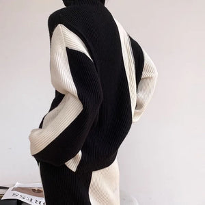 Black And White Two-Piece Set With  Lazy Style High Neck Knitted Sweater