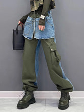 Charger l&#39;image dans la galerie, High Waist Color-block Army  Wide Leg Jeans Trouser