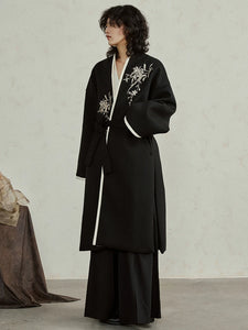 Black Big Size Embroidery Long Woolen Coat New V-neck Long Sleeve
