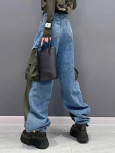 Load image into Gallery viewer, High Waist Color-block Army  Wide Leg Jeans Trouser