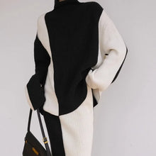 Load image into Gallery viewer, Black And White Two-Piece Set With  Lazy Style High Neck Knitted Sweater