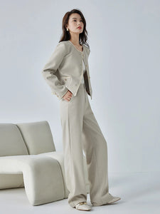 Elegant Office Pant Suit Crop Jacket Elastic Waist Wide Pant Two-piece Suit