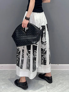 High Elastic Waist Black Printed Pleated Long Wide Leg Pants