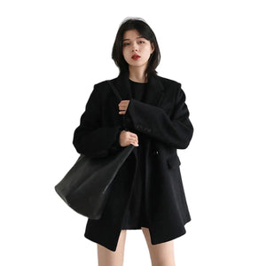 Wool Blend Coat Solid Mid Long Woolen Blazer Thick Warm Blouse