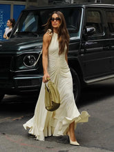 Cargar imagen en el visor de la galería, Beige Neck Hanging  Dress  With A High-End Feel, Elegant Ruffle Edge, And Unique Large Hem Long Skirt