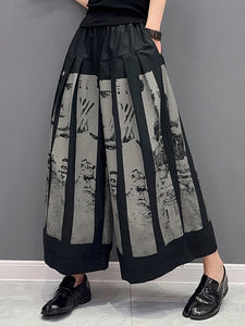 High Elastic Waist Black Printed Pleated Long Wide Leg Pants