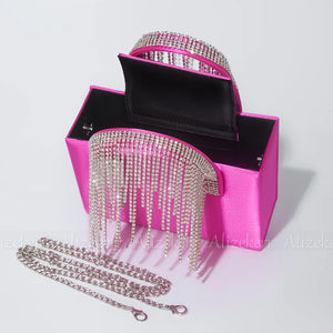 Rhinestone Tassel Satin Handbags Diamonds Handle Square Box Evening Clutch