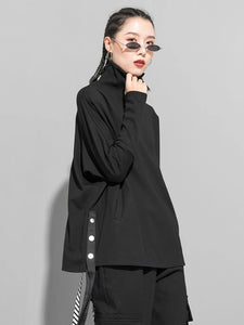 Black Irregular Ribbon Big Size Casual T-shirt New Turtleneck Long Sleeve