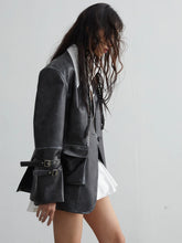 Cargar imagen en el visor de la galería, Loose Fit Black Pocket Coat PU Leather Jacket Long Sleeve