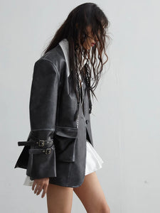 Loose Fit Black Pocket Coat PU Leather Jacket Long Sleeve