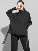 Cargar imagen en el visor de la galería, Black Irregular Ribbon Big Size Casual T-shirt New Turtleneck Long Sleeve