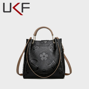 UKF Fashion Embossed Lady Handbag Quality PU Large Capacity Tote Bag Retro Bucket Bag For Female Casual Shoulder Bags For Women
