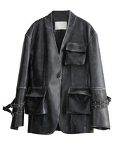 Load image into Gallery viewer, Loose Fit Black Pocket Coat PU Leather Jacket Long Sleeve