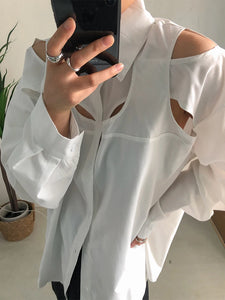 White Hollow Out Blouse New Lapel Long Sleeve Loose Fit Shirt