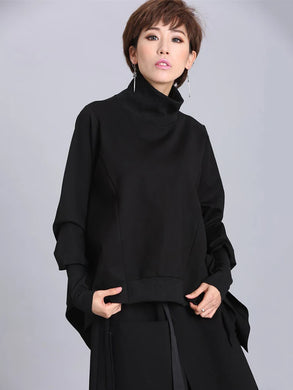 Black Irregular Casual T-shirt New Turtleneck Batwing Sleeve Loose Fit
