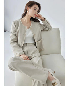 Elegant Office Pant Suit Crop Jacket Elastic Waist Wide Pant Two-piece Suit