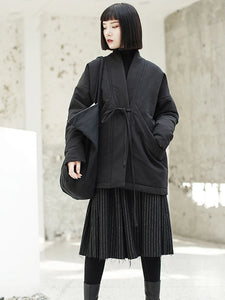 V-collar Long Sleeve Black Loose Brief Bandage Cotton-padded Large Size Coat