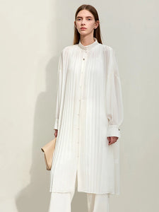 Minimalism Chiffon Dress Organ Pleats Stand-up Collar Loose Long-sleeved Long