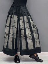 Charger l&#39;image dans la galerie, High Elastic Waist Black Printed Pleated Long Wide Leg Pants