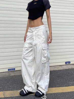 American White Spicy Girl Workwear Pants, Women'S Design Sense, Drawstring Pockets, Loose Fitting Wide Leg Casual Pants
