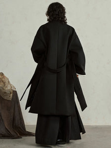Black Big Size Embroidery Long Woolen Coat New V-neck Long Sleeve
