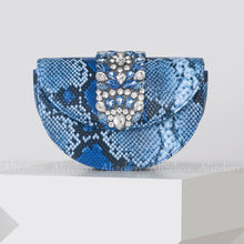 Load image into Gallery viewer, Snakeskin Pattern Half Round Handbags Metal Handle Rhinestone Satin Evening Clutch