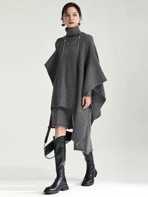 Irregular Design Knitting Dress New Turtleneck Long Sleeve Loose Fit