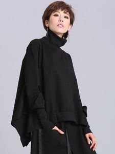 Black Irregular Casual T-shirt New Turtleneck Batwing Sleeve Loose Fit