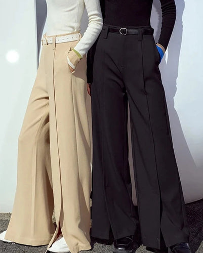 Minimalist Casual Pants Loose Straight Wide Leg Pants With High Slit Lady Trousers