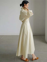 Laden Sie das Bild in den Galerie-Viewer, Beige Pleated Long Big Size Elegant Dress Long Sleeve Loose Fit