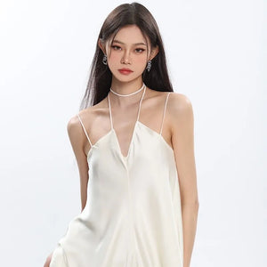 Satin Suspender Dress High-End Design, V-Neck Drape, Thin Shoulder Straps