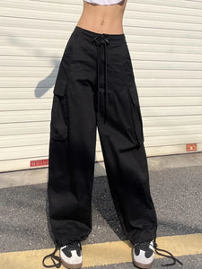 White Spicy Girl Workwear Pants, Drawstring Pockets, Loose Fitting Wide Leg trouser
